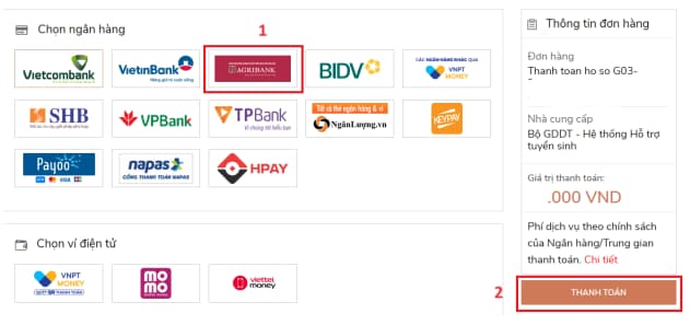 1) Cách thanh toán nguyện vọng Đại học 2025 qua tài khoản Ngân hàng Agribank